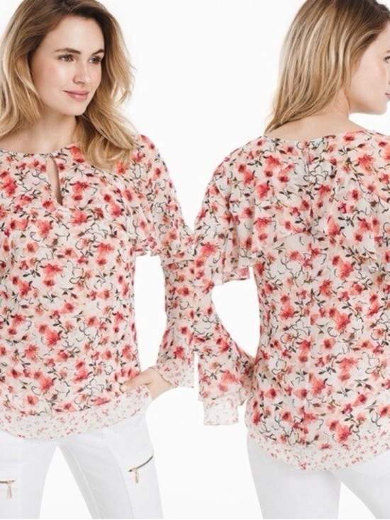White House Black Market Tops - White House Black Market Pink Floral Sheer Ruffle Blouse